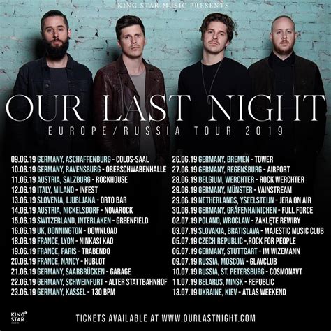 Our last night tour - iTunes.apple. Our Last Night was formed in 2004 by brothers Matt and Trevor Wentworth along with childhood friend Tim Molloy. Combining huge melodic choruses, intense breakdowns, and wide ranging vocals they have created their own brand of post-hardcore. Lyrically the band strive to create a message of hope …